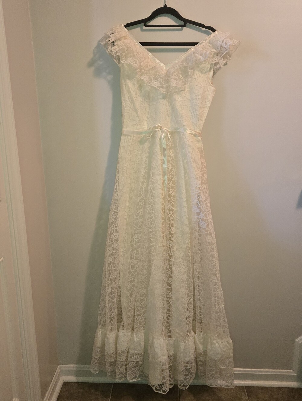 Vtg 70s Lace Maxi Dress Cream Small Bridal Romantic Fairy Folk Bohemian Bride